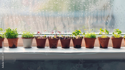 A of small pots lined up on a windowsill each containing a different type of fastgrowing microgreens. photo