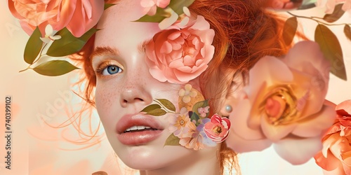 Portrait of a Caucasian redhead young woman adorned with flowers on her face, exhibiting an abstract contemporary art collage.