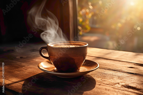 A steaming cup of espresso on a rustic wooden table, with morning sunlight casting a warm glow on the ceramic surface.
