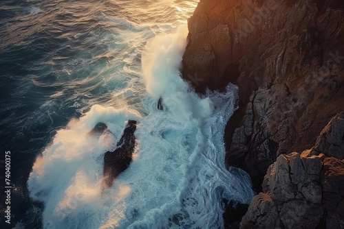 Aerial drone shot of a dramatic ocean wave crashing against a rocky shore at sunset Offering a powerful and serene natural scene