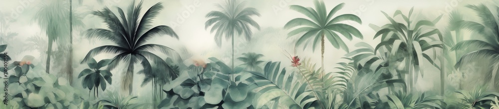 Tropical plants and palm trees, for texture background photo wallpaper or banner. Wallpaper pattern painted in watercolour. Generative AI  - obrazy, fototapety, plakaty 