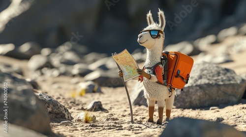 Cartoon digital avatar of Alpacapone, the experienced llama trekking guide equipped with a map and hiking gear, leading adventurers through the rugged terrain. photo