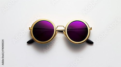 Round retro sunglasses, designer women's glasses with gold frames and purple lenses centered on white background, trendy fashion hipster sunglasses , fashion influencer, front view