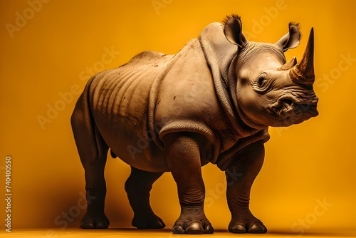 Rhino standing on yellow background posing for camera, full body