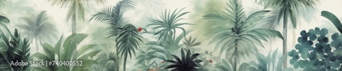 Tropical plants and palm trees  for texture background photo wallpaper or banner. Wallpaper pattern painted in watercolour. Generative AI 