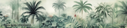Tropical plants and palm trees, for texture background photo wallpaper or banner. Wallpaper pattern painted in watercolour. Generative AI  photo