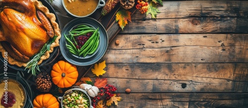 A table filled with a Thanksgiving feast including a succulent turkey, green beans, cranberry sauce, corn, apples, and pumpkin pie, creating a delightful and inviting spread.