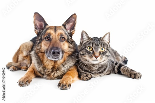 Joyful dog and cat together Isolated on a white background Symbolizing harmony and friendship between pets Capturing their playful and affectionate nature