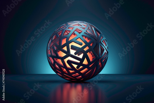 Abstract 3D sphere logo with intricate patterns and reflections, floating against a backdrop of subtle gradients