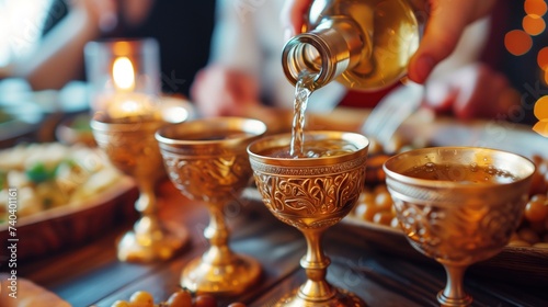 Golden cups being filled with kosher wine for the Passover Seder ceremony