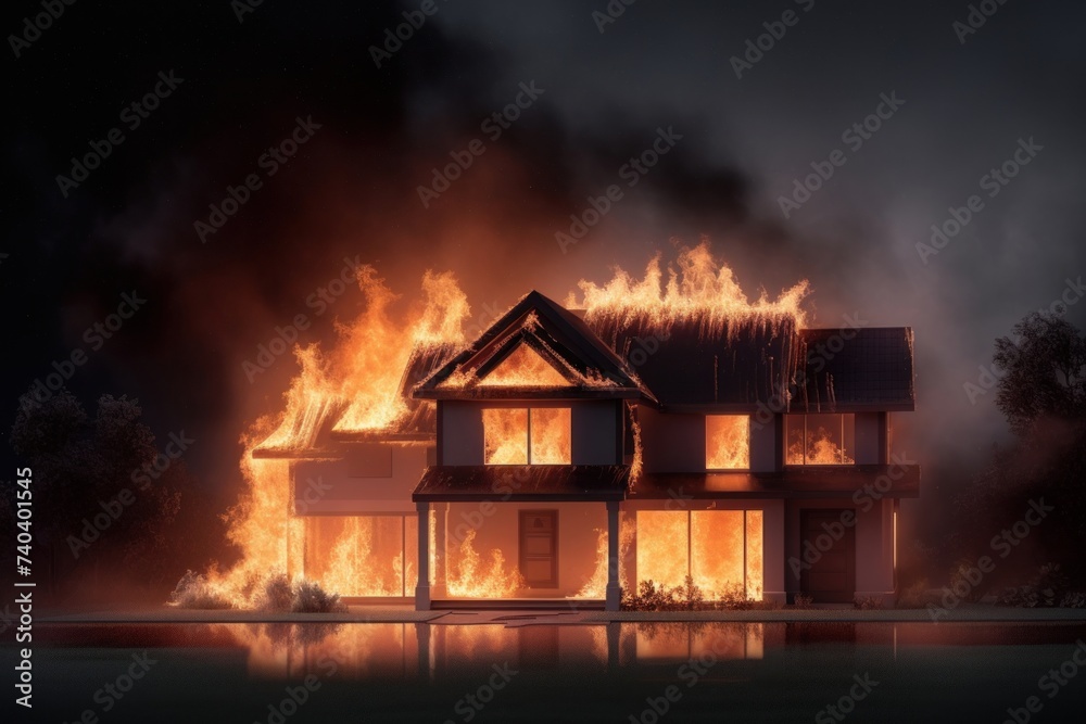 House or fire and Burning down, Home insurance concept, Generative AI 