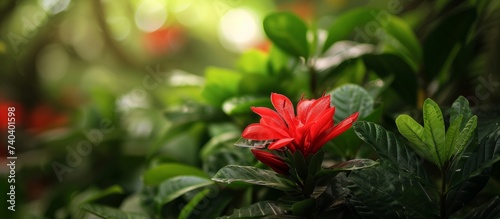 Vibrant red flower blooming brilliantly in the heart of a lush green bush