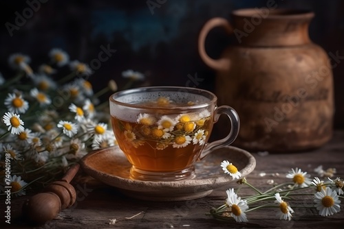 cozy cup of chamomile tea with honey on a rustic wooden table