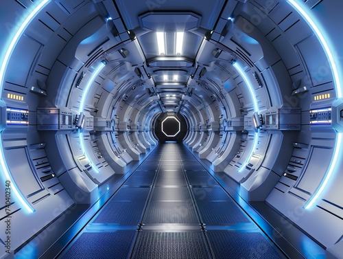 A futuristic spaceship with a tunnel-like corridor stretching forward, illuminated by ambient blue light for an ethereal quality, showcases the convergence of advanced technology and sleek design