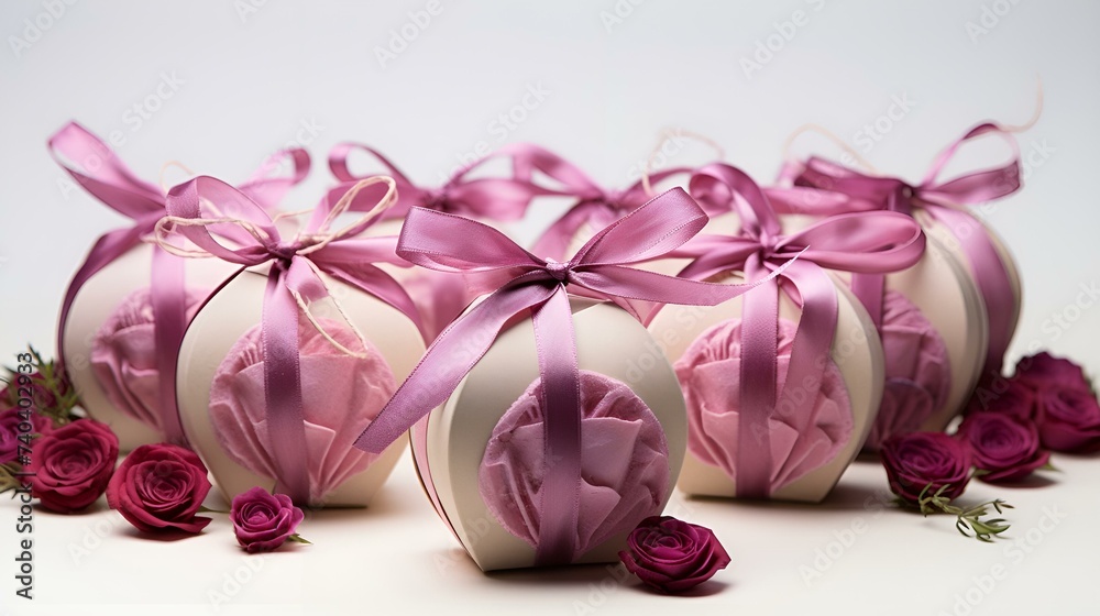 Delicate white and pink gift boxes with soft pink ribbons Delicate white and pink gift boxes with soft pink ribbons