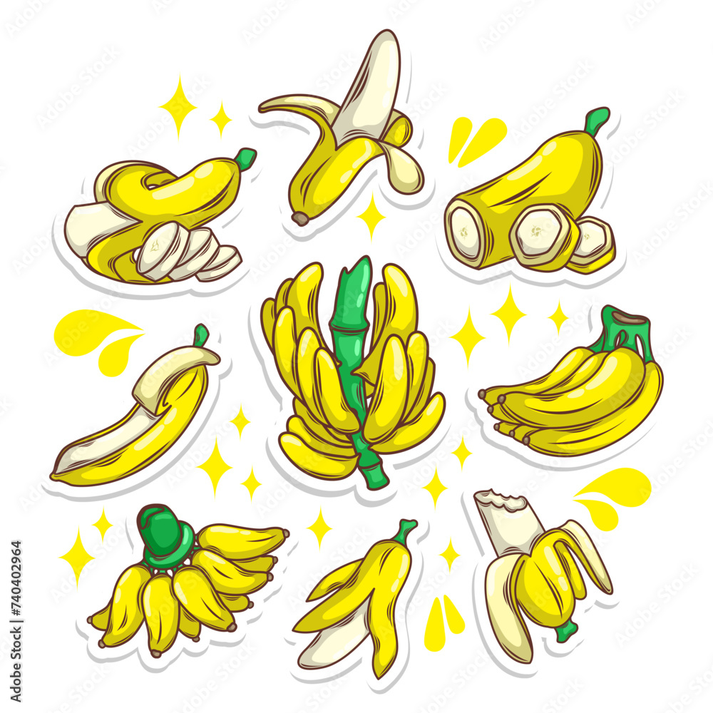 Banana fruit collection set. hand draw illustration art