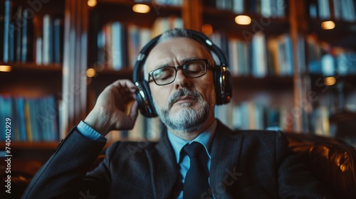 Relaxed mature middle-aged man businessman freelancer listening to the music in headphones at home.