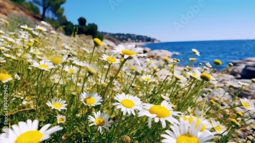 wild flower with blue sea and sky