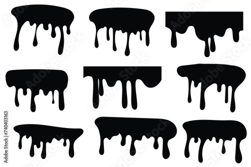 Black melt drops. Flowing liquid dripping from above. Hand drawn liquid paint drops on an isolated background. Flowing, spilling, dripping. Vector illustration EPS 10