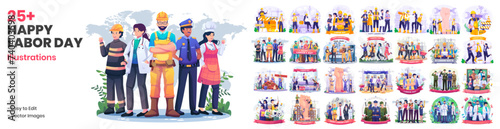 Mega Collection of Labor Day Illustrations. A Group of People in Various Professions Celebrates International Labour Day on 1st May. Set Workers Day Illustration photo