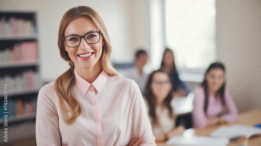 Fototapeta premium Mentor Magic: Classroom with Smiling Teacher, Generative AI