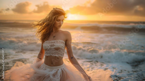This romantic ensemble features a lace crop top paired with a highwaisted tulle skirt finished off with spy sandals and a dainty necklace. The background is a sunkissed beach