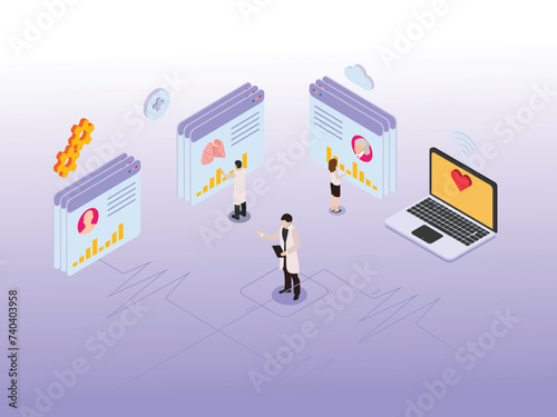Doctors working with EHR, Electronic Health Record isometric 3d vector illustration