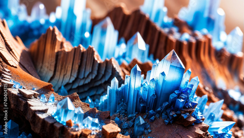 Translucent blue aquamarine like faceted crystal point formations on layers of brown sandstone rock. Detailed macro closeup. photo