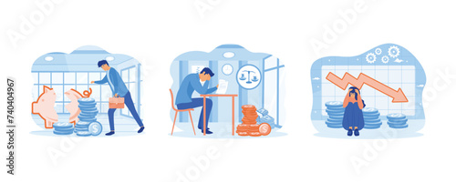 Sad businessman with broken piggy bank. Bankruptcy business. Failed stressed businessman lost money from stock trading. set flat vector modern illustration 