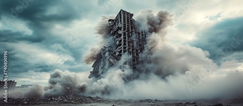 A massive building is being torn down, releasing clouds of smoke into the sky. It is a stark contrast against the natural landscape and water nearby