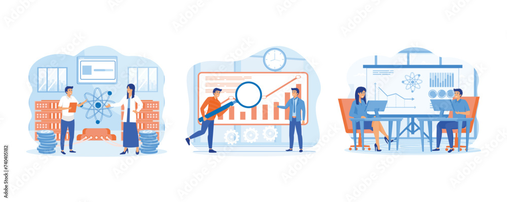 Data Science Concept. People analysis processing and provision of data Research. Visualizer and Analyst working on a project. Set flat vector modern illustration 