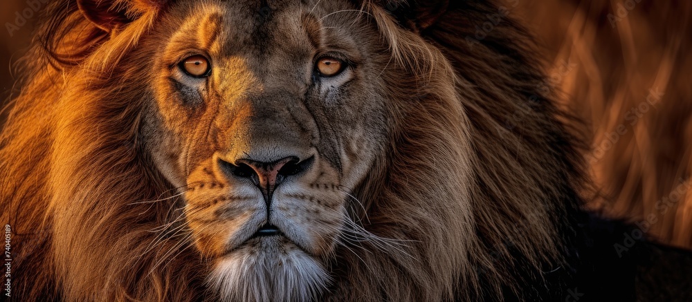 A stunning close up of a majestic lion, highlighting its regal charm and intense gaze, against a blurry background.