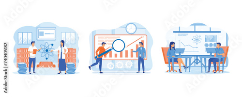 Data Science Concept. People analysis processing and provision of data Research. Visualizer and Analyst working on a project. Set flat vector modern illustration 