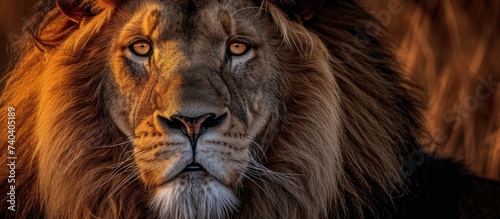 A stunning close up of a majestic lion  highlighting its regal charm and intense gaze  against a blurry background.