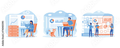 Analysis and data science concept. Handsome businessman analyzing data on his laptop. Online data storage technologies. Set Flat vector modern illustration 