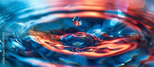 Close up of a single drop of liquid in a glass, resembling an electric blue petal. The fluid forms a perfect circle, creating a mesmerizing piece of art photo