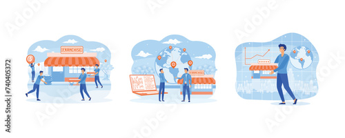 Franchise business composition. trading network shop to the world map business. Businessman standing and buying a franchise. Set flat vector modern illustration 