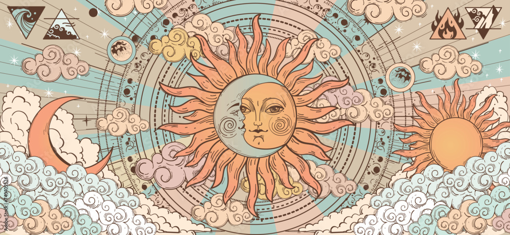 Φωτογραφία Sun and moon with face, color vintage mystical astrology poster of the structure of the universe, tarot banner, linear retro drawing of the zodiac, horoscope