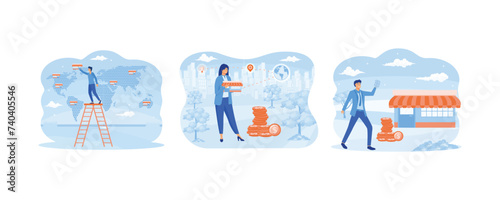 Businesswoman standing and buying a franchise. Concept of business industry, franchising, bizopp, distribution. Set flat vector modern illustration 