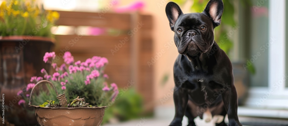 Φωτογραφία A fawncolored French Bulldog is sitting in front of a houseplant in a flowerpot
