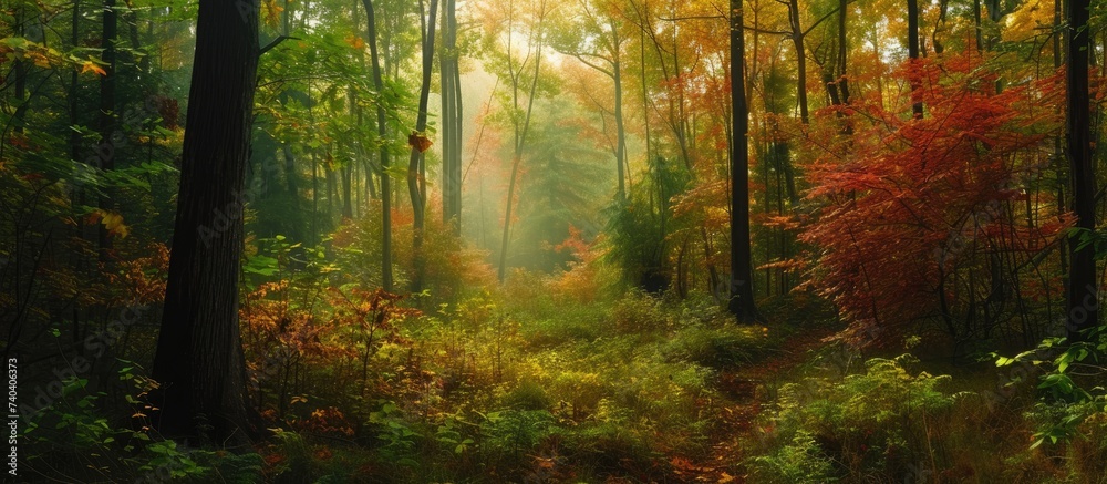 Obraz premium This photo showcases a diverse and colorful forest filled with numerous tall trees.