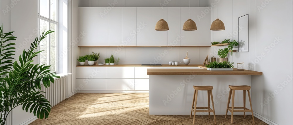 Corner of modern kitchen with white walls, wooden floor, wooden countertops, white cupboards and bar with stools. 3d rendering