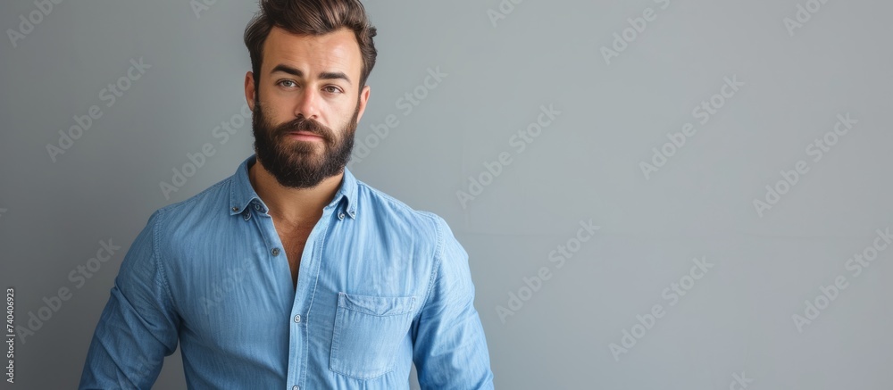 Fototapeta premium A man with a full beard is wearing a blue dress shirt with rolled-up sleeves, standing in front of a gray wall. He has eyewear on, and his hands are gesturing confidently.