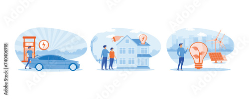 Electric car charging station. Renewable energy. Man with modern eco private house with solar energy panels. Set flat vector modern illustration 