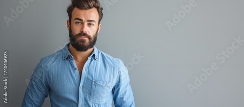 A man with a full beard is wearing a blue dress shirt with rolled-up sleeves, standing in front of a gray wall. He has eyewear on, and his hands are gesturing confidently. photo