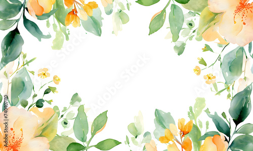 imagine a watercolor wedding frame with small green leaves and orange yellow flowers  Generative AI