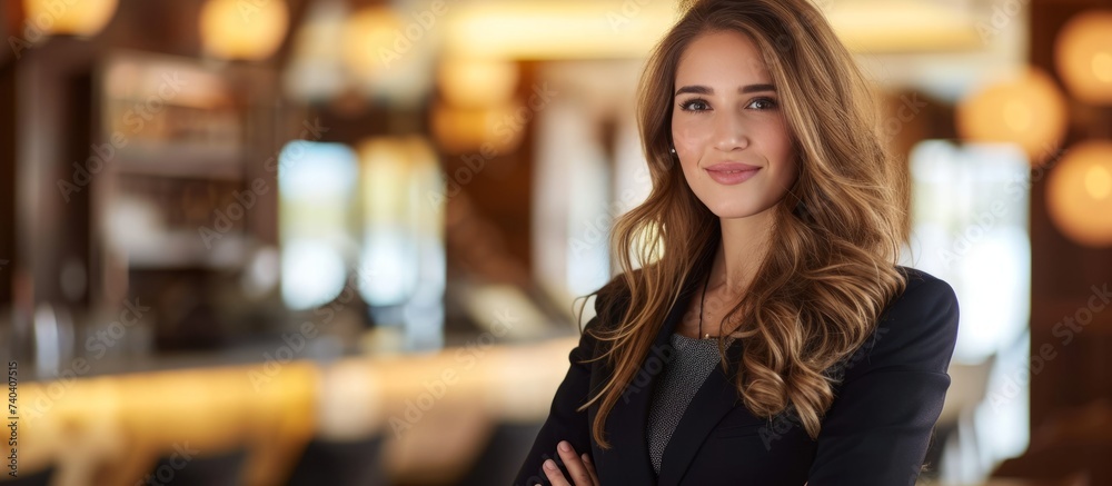 Confident businesswoman in sleek black suit posing in modern office lobby Confident businesswoman in sleek black suit posing in modern office lobby