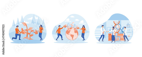 Bio technology. World Environment Day. Biology and chemistry experiments using gene technology in laboratory. Set flat vector modern illustration 