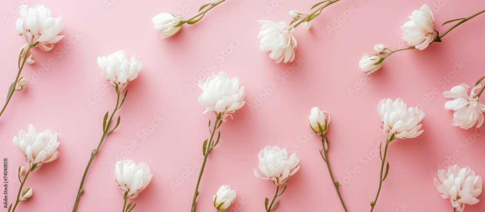 Beautiful white tulips blooming on elegant pink background in spring garden Beautiful white tulips blooming on elegant pink background in spring garden
