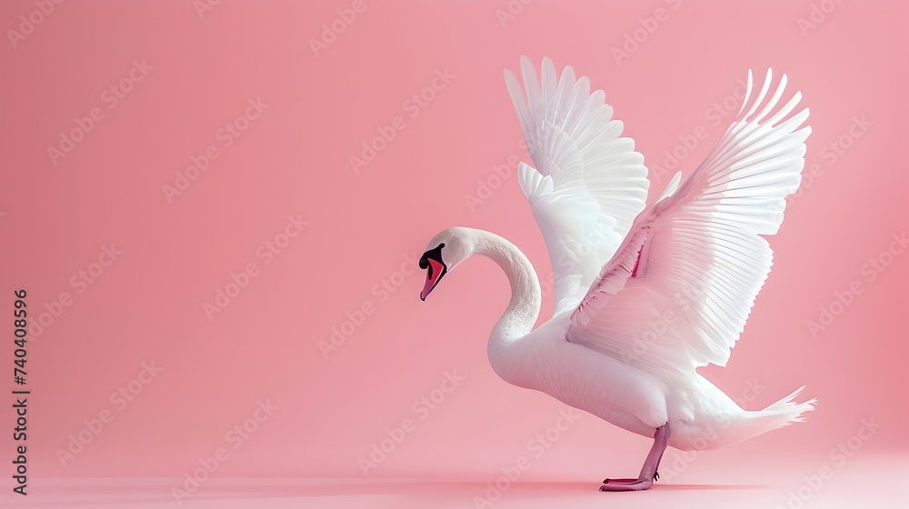 Fototapeta premium White Swan in Flight on Pink Background